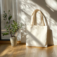 Stylish minimalist mockup with blank white tote bag on a cozy wooden floor with trendy potted plant bathed in soft natural light. Eco-friendly designs, branding, or artwork	