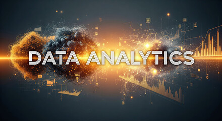 Data analytics concept with glowing futuristic graphs, charts, and abstract particle data on a dark background.