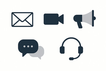 Communication Icon Set: A Collection Of Dark Blue And Gray Icons Representing Various Communication Methods, Including Email, Video, Announcement, Chat, And Customer Support.