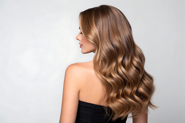 A striking profile of a beautiful woman with long, healthy blonde hair cascading down her back, showcasing her glowing skin and elegant glamour