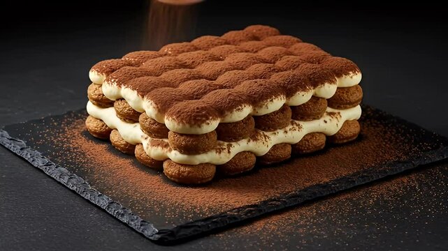 Classic Tiramisu Dessert with Cocoa Powder on Dark Plate Creamy Layers Ladyfingers and Elegant Presentation on Dark Background