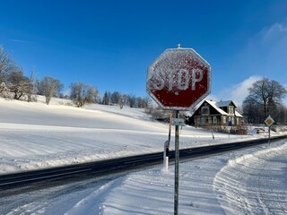 12 January 2025 ‎⁨Braunlage⁩, ⁨Niedersachsen⁩, ⁨Germany Snow-covered stop sign⁩
