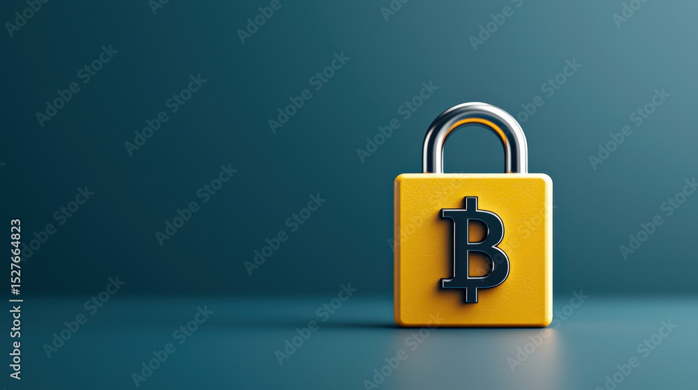 Poster Yellow padlock with Bitcoin symbol represents secure cryptocurrency transactions, emphasizing digital security and blockchain technology. image conveys trust and protection in financial exchanges