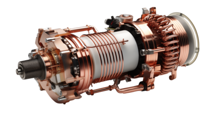 Close up of a complex copper and white mechanical device