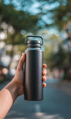 Hydration on the go a hand holding a sleek reusable water bottle amidst natural beauty and fresh air