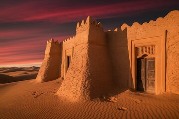 Ancient Desert Fortress at Sunset: A Majestic Architectural Marvel