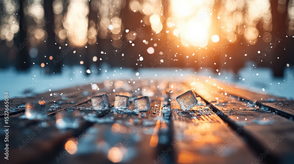 Poster frozen ice cubes scattered across wooden table with frost, illuminated by warm sunset glow, creating