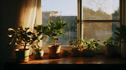 Sunlight streams through window illuminating an array of vibrant potted plants indoors on a sunny day