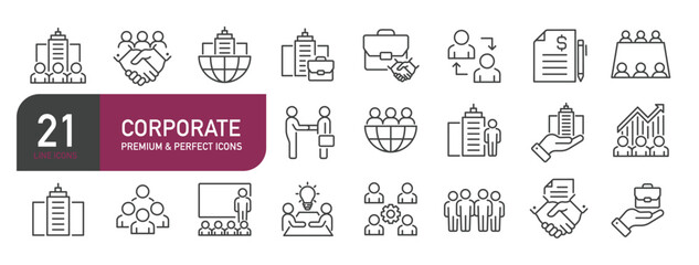 Set of line icons related to coroporate, business, marketing, entrepreneur. Outline icons collection. Editable stroke. Vector illustration