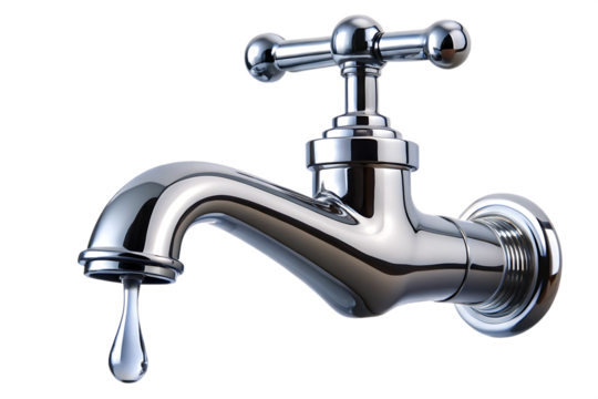 Chrome faucet dripping water isolated on a white background