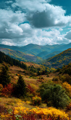 Fototapeta premium Majestic mountain landscape displaying vibrant autumn colors under a dynamic cloudy sky illuminating nature's beauty in highlands