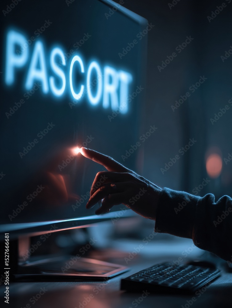 Poster Cybercriminal Accessing Sensitive Password File Through Computer Monitor During Nighttime