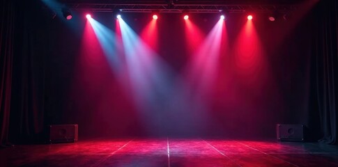 Stage lights illuminate heavy metal band equipment, loud, judas priest