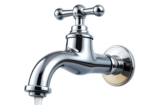 Chrome faucet dripping water isolated on a white background