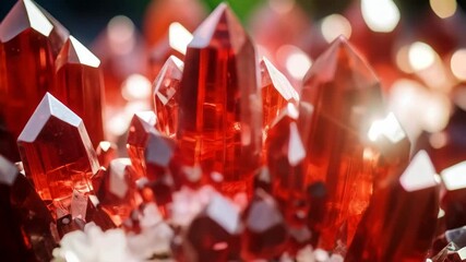 Close-up of sparkling red crystal formation with multiple pointed facets and small white stones under bright, natural lighting - Powered by Adobe