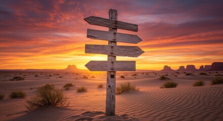 Weathered wooden post with multiple blank directional arrows at a desert crossroad during a vibrant sunset