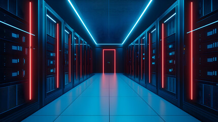 Fototapeta premium A futuristic data center corridor illuminated with vibrant blue and red lights, featuring rows of servers along the walls.