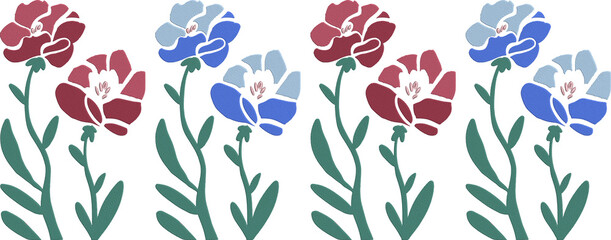 Row of Embroidered Flowers in Red and Blue