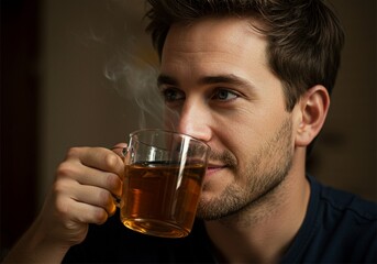 close up photo of a young man drinking a glass of warm tea