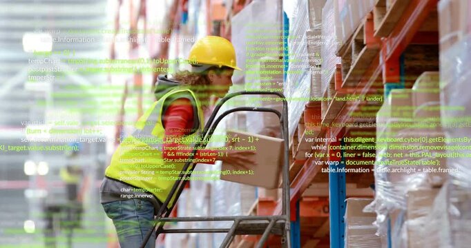 Warehouse associate moving ladder, climbing rack, retrieving box and placing on cart for order