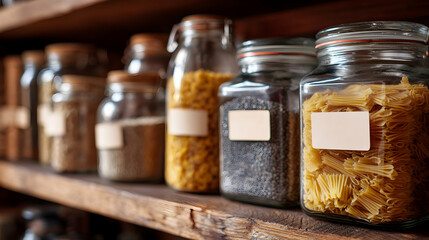 Pantry staples in glass jars on wooden shelves displaying an assortment of dry goods and pasta
