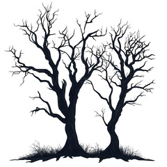 Obraz premium Two barren trees with twisted branches silhouetted against a plain background