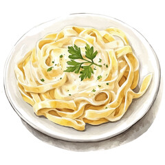 Fettuccine Alfredo, watercolor vector, high quality, isolated on a white background.