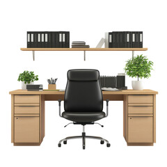 Modern office workspace featuring a stylish desk, ergonomic chair, and organized shelves with office supplies