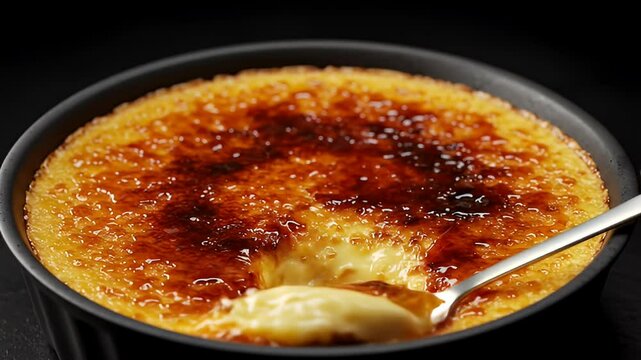 Delicious Cr?me Br?l?e with Caramelized Sugar Crust and Creamy Custard Center Served on a Plate with Spoon in a Dark Background