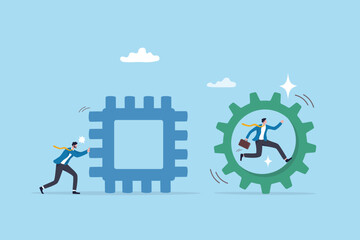 Efficient way to win business, creativity or effort to improvement, solution or challenge to overcome, progress or productive concept, businessman riding circle cogwheel to win business competition.