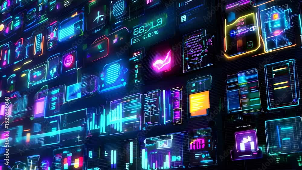Aufkleber multiple glowing digital screens with graphs, charts, and data metrics. neon blue, purple, and pink 