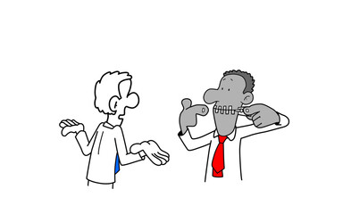 Cartoon businessman pulling his mouth shut