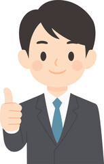 엄지를 치켜세우고 웃고 있는 정장을 입은 비즈니스맨