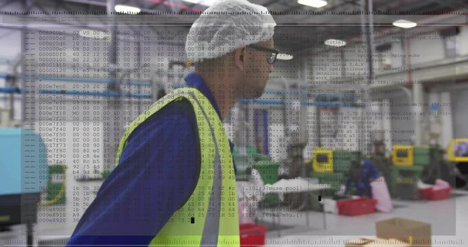 After gripping handle, worker pushing pallet jack down aisle inspecting path with hex code overlay