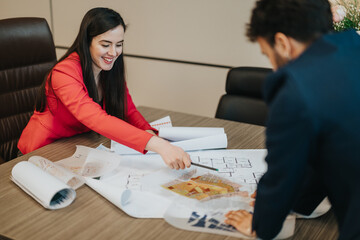 Two business people collaborating on architectural plans in a modern office environment. The image...