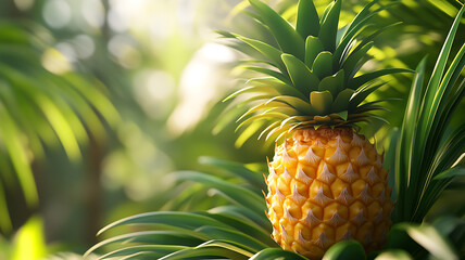 Fototapeta premium Fresh ripe pineapple amongst lush greenery in a bright tropical sunlight scene