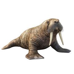 Fototapeta premium Large walrus resting on sandy shore during sunny day near icebergs in Arctic region