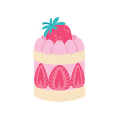 Strawberry cake with whipped cream and berry fruits. Flat style sweet dessert vector illustration
