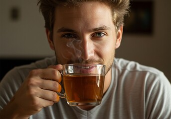 close up photo of a young man drinking a glass of warm tea