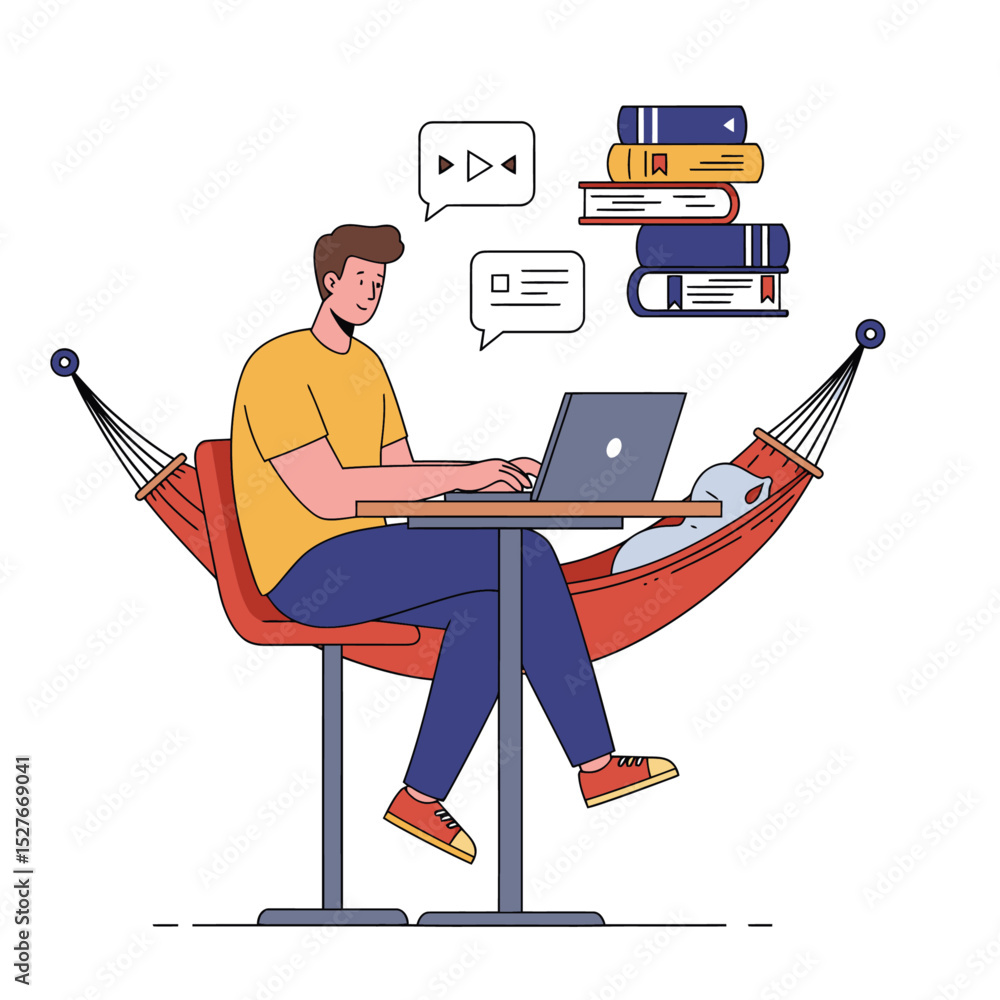 Poster man works at a desk positioned in front of a hammock complete with books and chat bubbles