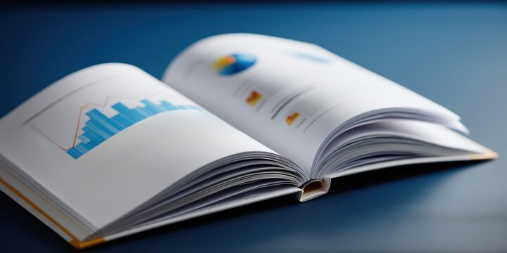 Open book on blue table displaying graphs and data visualizations