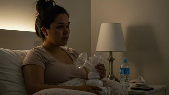Mother Sitting Alone with Breast Pump and Distant Expression, Emotional Motherhood Moment