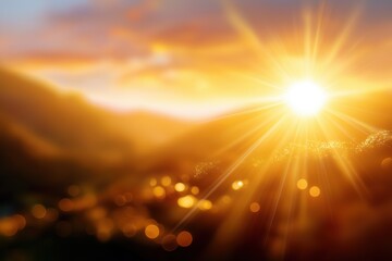 Obraz premium Golden sunrise over mountain landscape with glowing light bursts and warm colors