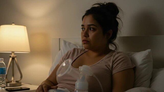 Mother Sitting Alone with Breast Pump and Distant Expression, Emotional Motherhood Moment