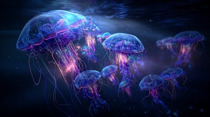 a vibrant underwater scene where jellyfish are the central focus. they float in an open ocean environment, their bodies glowing with a mix of purple and blue hues, creating a mesmerizing spectacle