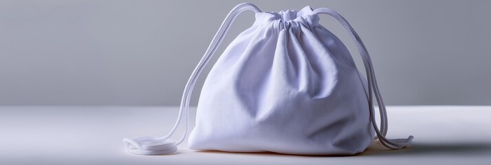 White drawstring bag on smooth surface with soft shadows