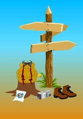 composition, with signpost, backpack camera
