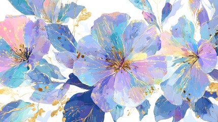 a floral pattern composed of several different flowers arranged together in a stylized manner. the colors are vibrant with a mix of pinks, purples, blues, and greens
