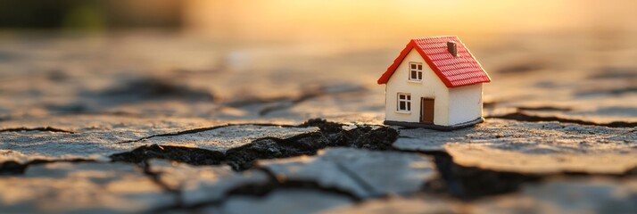 Miniature house model is standing on dry cracked earth at sunset, representing concepts such as drought, earthquake aftermath, climate change impact, and real estate market instability