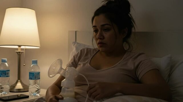 Mother Sitting Alone with Breast Pump and Distant Expression, Emotional Motherhood Moment